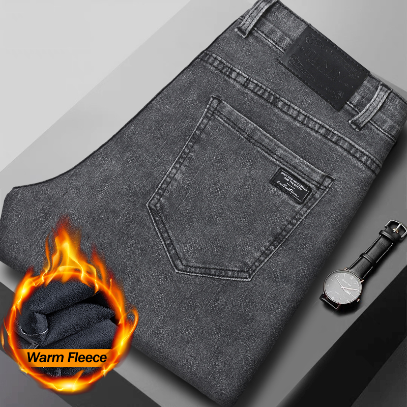 Men'S Fashion Grey Jeans - Men's Winter Fleece Warm Black Grey